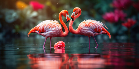 Pair of vivid flamingos in a tender pose, surrounded by lush tropical plants and soft water reflections - obrazy, fototapety, plakaty