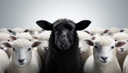 Fototapeta premium One black sheep standing away from a group of white sheep