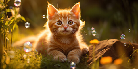 Playful orange kitten enchanted by the magic of bubbles in a sunlit field, full of wonder and delight