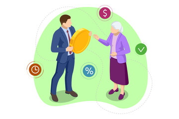 Isometric Retirement savings concept. Financial independence idea. Economy and wealth. Grandparents saved up money for comfortable old age. Economics, financial or banking systems