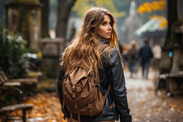 tourist with backpack in the city rear view.