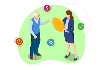 Isometric Retirement savings concept. Financial independence idea. Economy and wealth. Grandparents saved up money for comfortable old age.