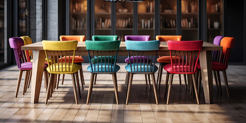   Multi colored chairs ,Extendable Mid-Century Folding Dining Table and Spindle Chair Dining Set Painted Finish  ,A row of colorful leather chairs against a black wall. Generative AI 