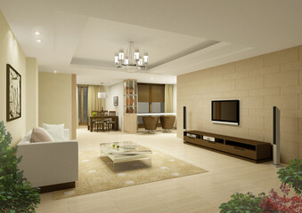 3D SEMI-modern house living room and dining room perspective view with furniture and coffered ceiling (2)