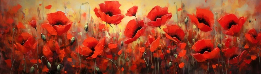 Foto op Canvas A vibrant carpet of red poppies swaying rhythmically on a breezy afternoon, with shadows dancing delicately among them. © AQ Arts