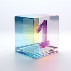 number one in a transparent glass cube on white background