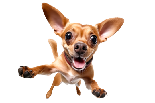 funny playful chihuahua dog standing on his hind legs isolated on transparent background. chihuahua young dog is posing. Cute, happy crazy dog headshot smiling on transparent, png