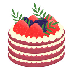 Red Velvet Cake has a deep red color. Alternate layers with cream cheese. Decorate the top with strawberries and blueberries.