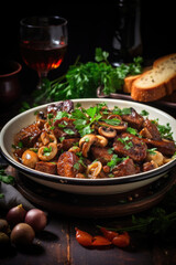 Coq au vin on wooden table shoot from above .Chicken and wine Classic French cuisine - 686119205
