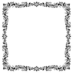 Square vintage frame, border of stylized leaves, flowers and curls in black lines on white background. Retro, victorian style. Vector background, wallpaper, card