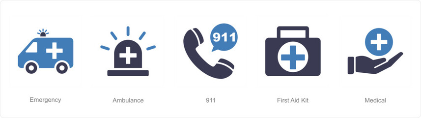 A set of 5 Emergency icons as emergency, ambulance, 911