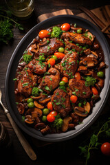 Coq au vin on wooden table shoot from above .Chicken and wine Classic French cuisine - 686119446