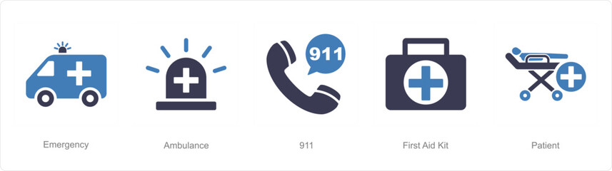A set of 5 Emergency icons as emergency, ambulance, 911