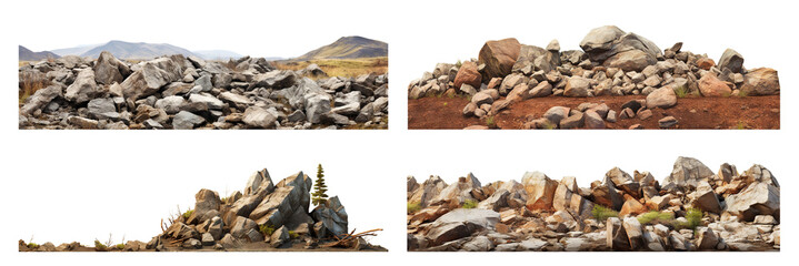 Set of rocky rugged landscape with stones, cut out