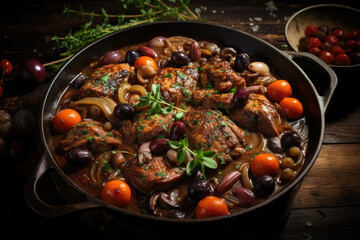 Coq au vin on wooden table shoot from above .Chicken and wine Classic French cuisine - 686119624