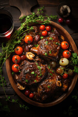 Coq au vin on wooden table shoot from above .Chicken and wine Classic French cuisine - 686119888