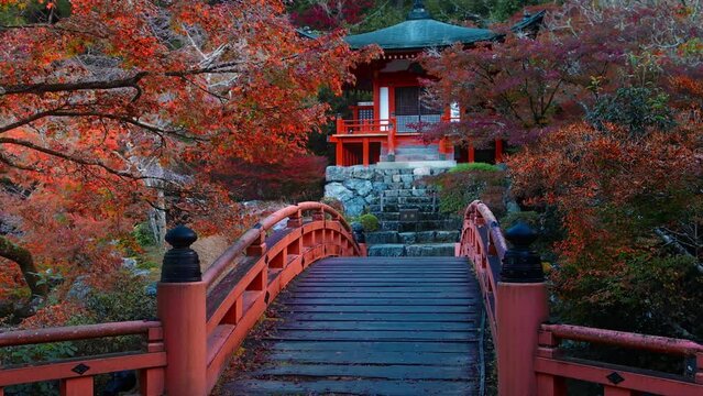 Japanese traditional pagoda in Kyoto in autumn, Japanese tranquil zen landscape with a temple and red maple leaves, tourism in autumn in Japan, Daigo-ji temple is an iconic Kyoto tourist landmark