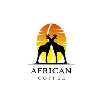 Coffee logo. The sun rising in shape of the coffee bean and giraffes. African Morning Coffee.