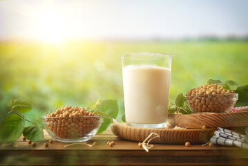 Glass of natural soy drink and seeds in field