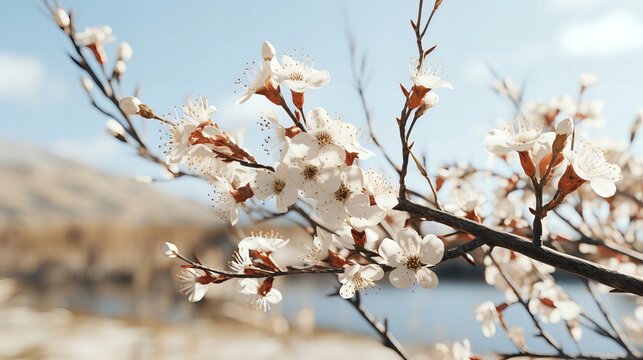 Delicate Cherry Blossoms Unfurling Soft White Petals Against a Serene Sky Backdrop