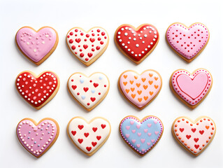 Fototapeta premium Decorated heart shaped sugar cookie with glaze and hearts, white background top view