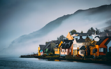 Enigmatic Embrace, Coastal Village Veiled in Ethereal Fog