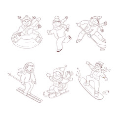 Children and winter sports. A vector set in the doodle style.