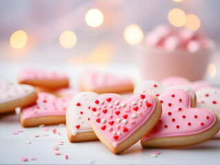 Close up of decorated pink heart shaped sugar cookies , blurry lights  background