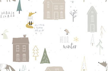 Seamless winter pattern with houses and foxes in the forest