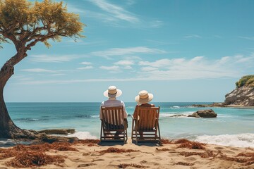 elderly couple sitting on sun lounger chair right on the beach by the sea - obrazy, fototapety, plakaty