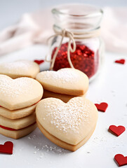 Obraz na płótnie Canvas Decorated heart shaped sugar cookies with red hearts , white background