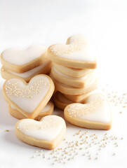 Decorated sweet heart shaped sugar cookies with icing and sprinkles , blurry bright  background