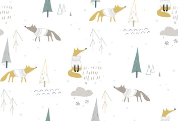 Seamles winter pattern with foxes wearing sweaters