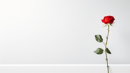 a minimalist composition with a pristine white backdrop, highlighting a single red rose in full bloom.