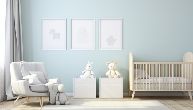 A photo mockup of a wall has one picture with a ratio of 2: 3, the room is a children's nursery in light blues colours generative ai