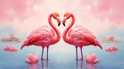 Two pink flamingos bend their necks in the shape of a heart. - obrazy, fototapety, plakaty