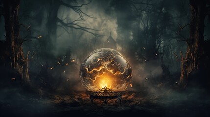 Сrystal ball for future prediction enveloped in smoke against a dark background. - obrazy, fototapety, plakaty