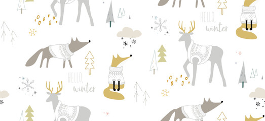 Seamless winter pattern with foxes and deers in the forest