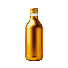A bottle of gold color is shown isolated on transparent background
