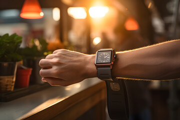Wrist with hand smartwatch on it with sunlight in background ai generated art.