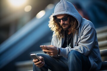 Handsome young man wears grey hoody and sunglasses sitting on stairs outdoor holding two phones