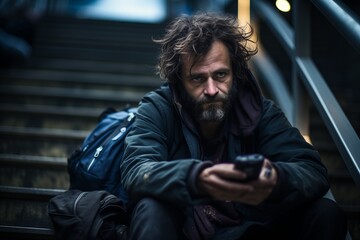 Homeless Man sitting on the stairs outdoor holding phone at night are saddened and frustrated with life. made picture to the concept - obrazy, fototapety, plakaty