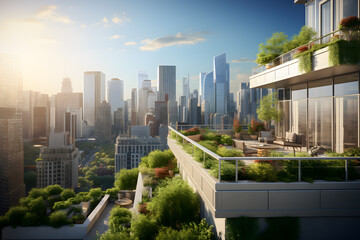 Fototapeta premium Building with terraces on different levels with a lot of plants on them with cityscape with skyscrapers in the background ai generated art.