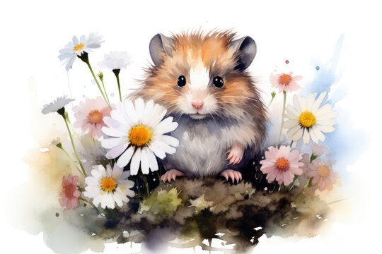 Watercolor hamster in flower field on white background