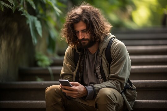 Homeless man sitting on stairs outdoor holding phone