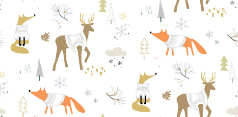 Seamless winter pattern with foxes and deers in the forest