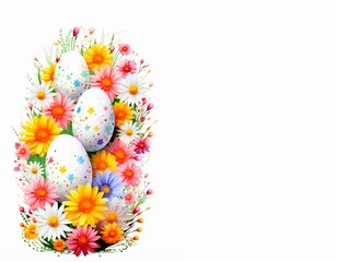 Top view of Easter eggs and springtime flowers over white background. Spring holidays concept, square  banner or wallpaper,  copy space. for text
