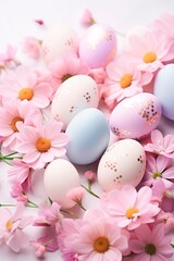 Obraz na płótnie Canvas of Easter eggs and springtime flowers over white background. Spring holidays concept, vertical banner or wallpaper, copy space. for text 