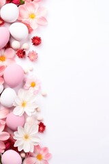 Fototapeta na wymiar Top view of Easter eggs and springtime flowers over white background. Spring holidays concept, vertical banner or wallpaper, copy space. for text 