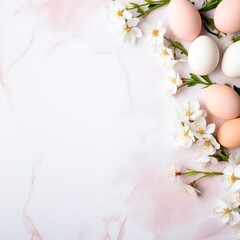 Top view of Easter eggs and springtime flowers over white background. Spring holidays concept, square  banner or wallpaper,  copy space. for text
